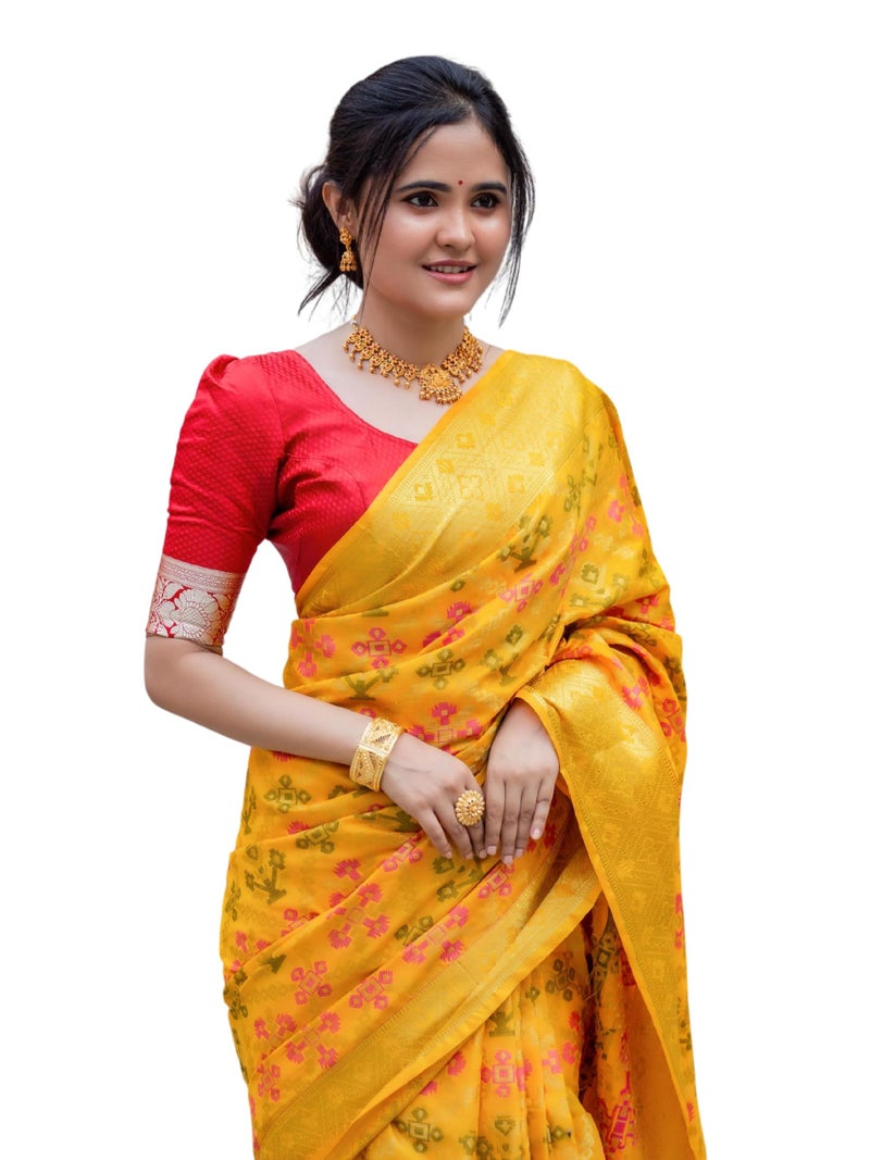 EthnicJunction Womens Woven Kanjivaram Silk Blend Saree With Blouse Piece|Karva Chauth Special Saree|Yellow saree - Image 1
