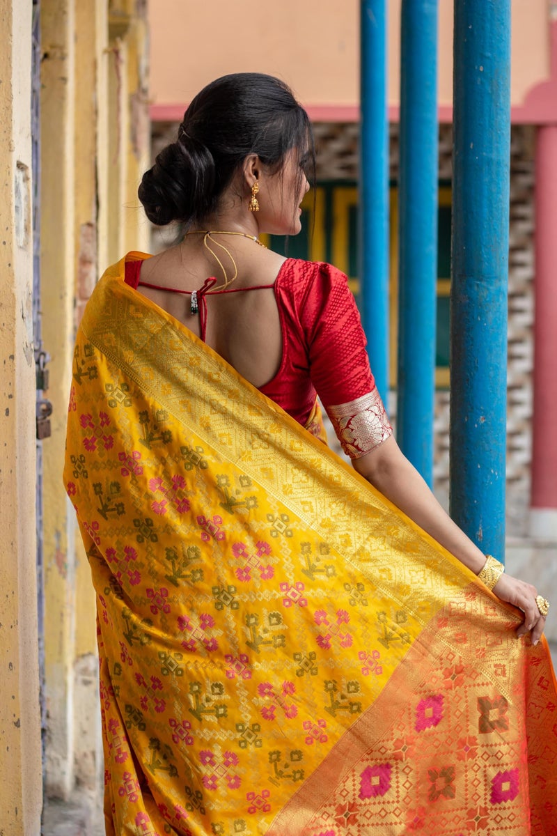 EthnicJunction Womens Woven Kanjivaram Silk Blend Saree With Blouse Piece|Karva Chauth Special Saree|Yellow saree - Image 4