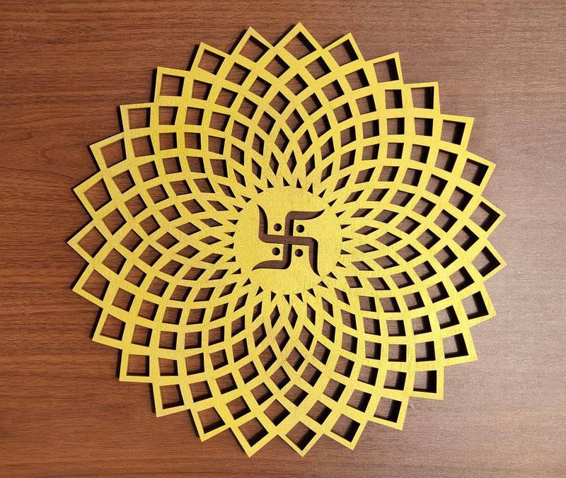My Dream Carts Golden Round Decorative Wall Art Mdf Wooden Swastika Chakra For Temple, Living Room, Office, Hotel, Home Decor Items, Gift Item, Mandala Wall Hanging For House Decoration 15x15 CM - Image 1