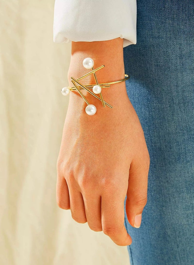Faux Pearl Decor Bar Cuff Bracelet 1pc  - Image 1