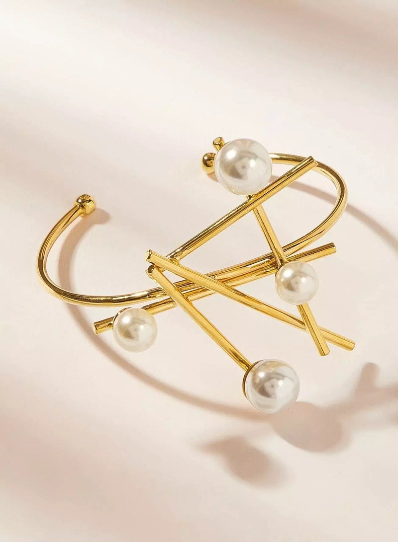 Faux Pearl Decor Bar Cuff Bracelet 1pc  - Image 4