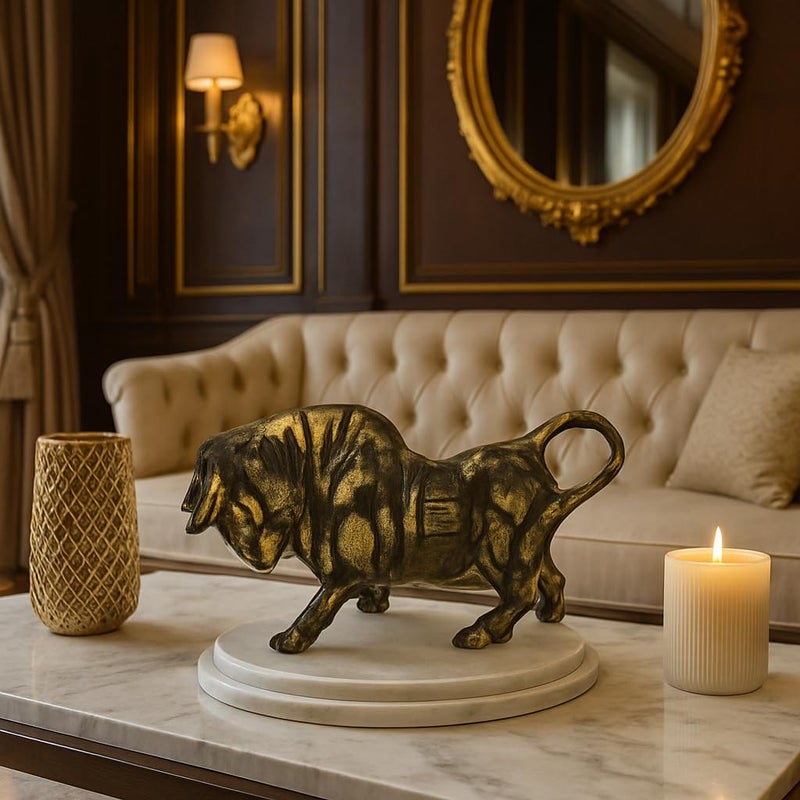 XTORE تمثال ثور من الراتنج بتشطيب نحاسي لتزيين المنزل (عبوة من 1، ذهبي وأسود) - Image 3