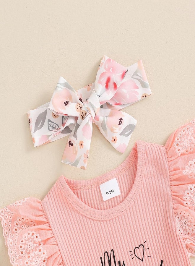 MoZiKQin My First Mothers Day Baby Girl Outfit Newborn Clothes Short Sleeve Ribbed Ruffle Romper Floral Shorts Headband Set (First Mothers Day-Pink, 0-3 Months) - Image 4