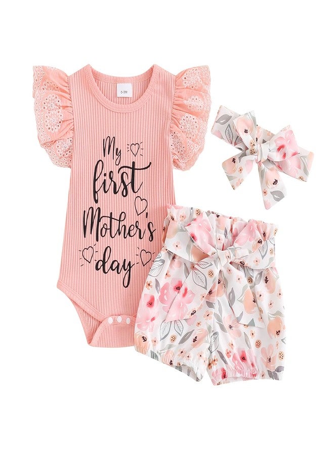 MoZiKQin My First Mothers Day Baby Girl Outfit Newborn Clothes Short Sleeve Ribbed Ruffle Romper Floral Shorts Headband Set (First Mothers Day-Pink, 0-3 Months) - Image 1