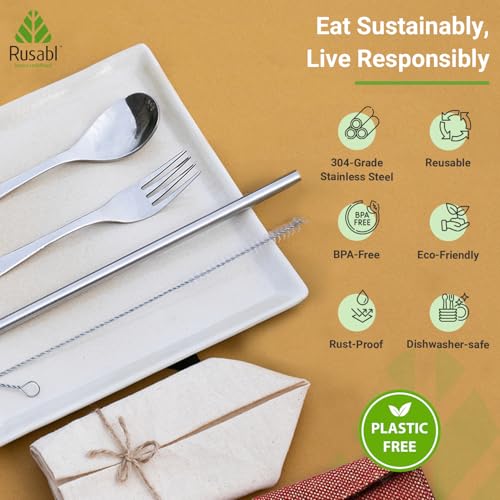 Rusabl Stainless Steel Cutlery Set (Pack of 5, Red) Reusable Travel Pack for Daily Use, Gifting and Travelling (Spoon, Fork, Steel Straw, Cleaning Brush, Napkin and Jute Pouch) - Image 3