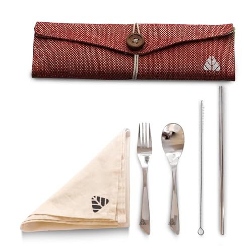 Rusabl Stainless Steel Cutlery Set (Pack of 5, Red) Reusable Travel Pack for Daily Use, Gifting and Travelling (Spoon, Fork, Steel Straw, Cleaning Brush, Napkin and Jute Pouch) - Image 1
