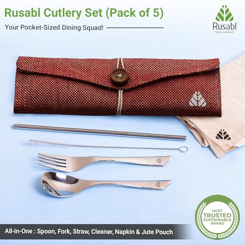 Rusabl Stainless Steel Cutlery Set (Pack of 5, Red) Reusable Travel Pack for Daily Use, Gifting and Travelling (Spoon, Fork, Steel Straw, Cleaning Brush, Napkin and Jute Pouch) - Image 2