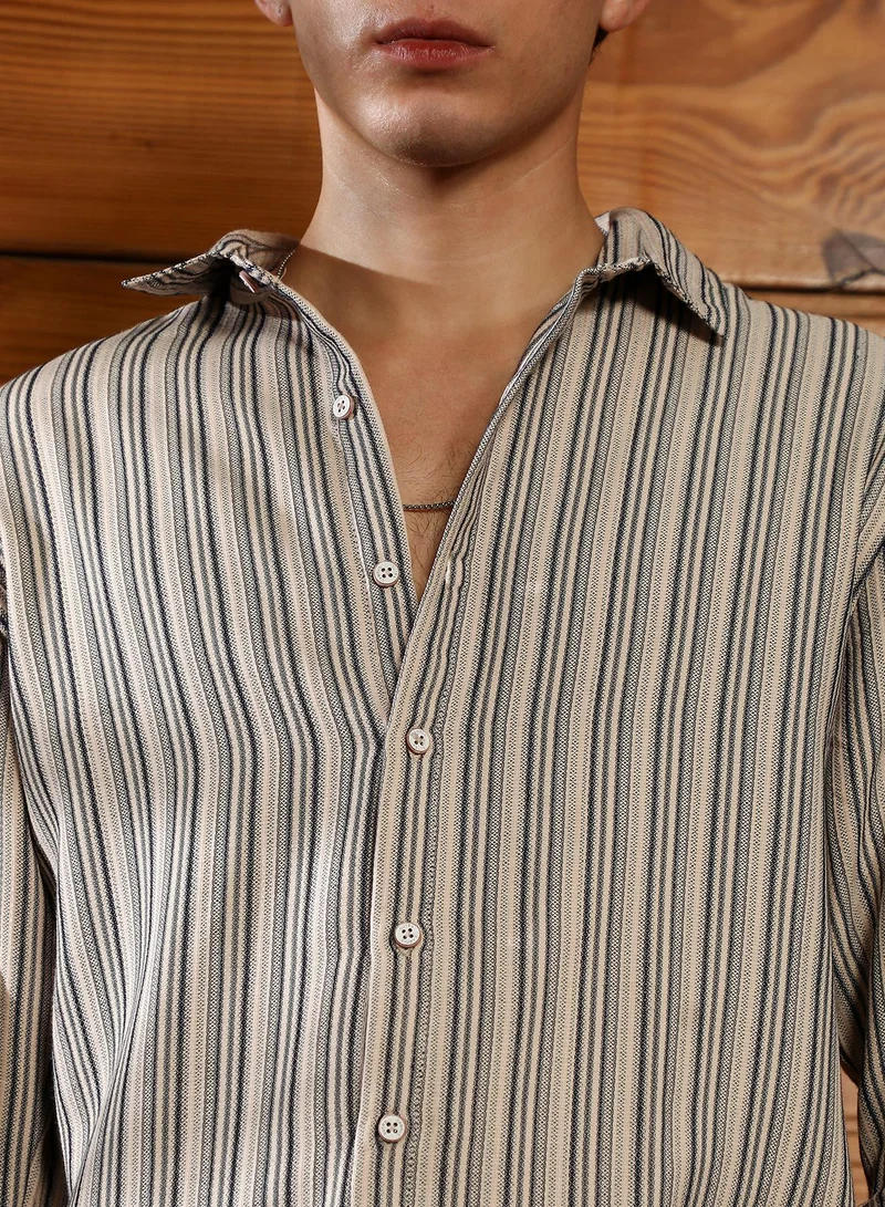 Campus Sutra Campus Sutra Men's Midnight Black & Off-White Bohomian-Stripe Jacquard Shirt | Spread Collar , Long  Cuffed Sleeves , Button Closure | Stripes Jacquard | Cotton-Blend Shirt For Casual Wear