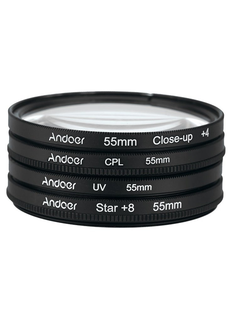 Andoer 55mm UV+CPL+Close-Up+4 +Star 8-Point Filter Circular Filter Kit, Circular Polarizer Filter Macro Close-Up Star 8-Point Filter with Bag, for Nikon Canon Pentax Sony DSLR Camera