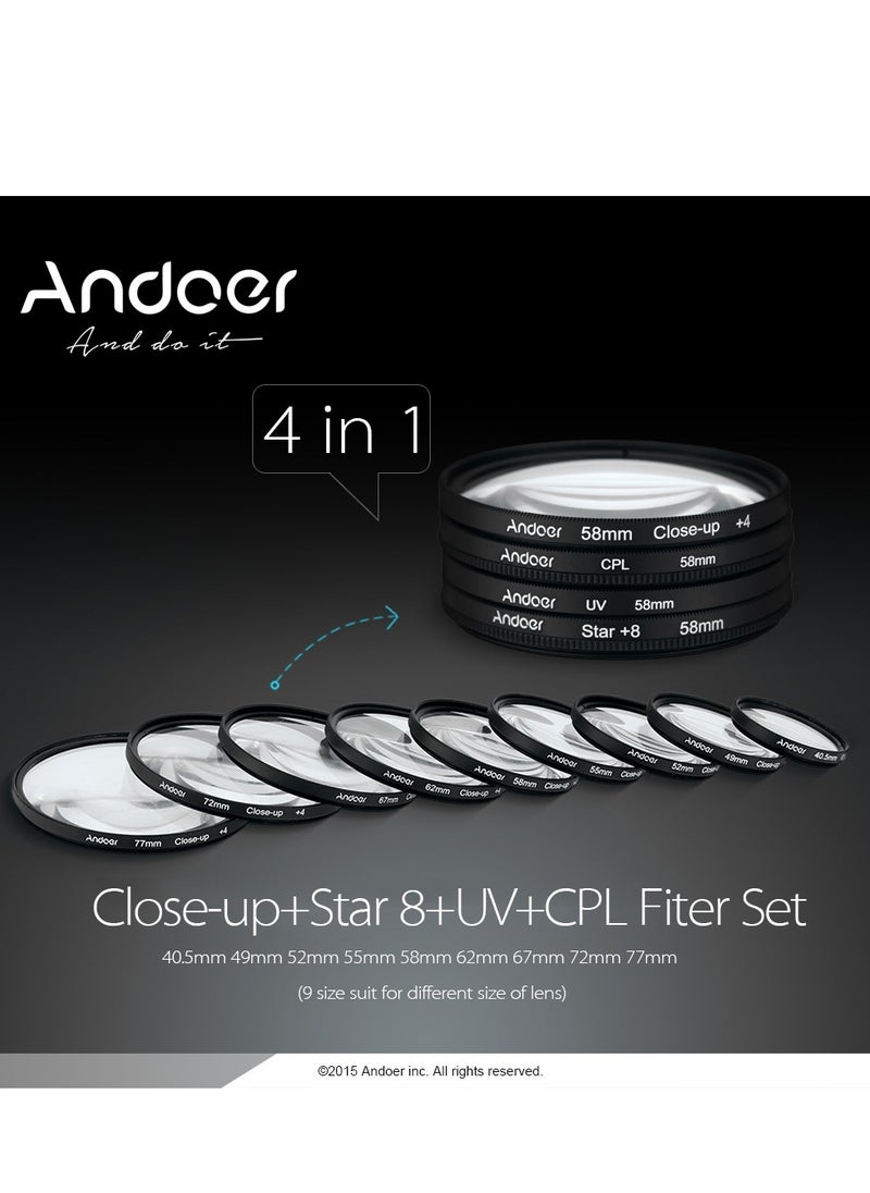 Andoer 55mm UV+CPL+Close-Up+4 +Star 8-Point Filter Circular Filter Kit, Circular Polarizer Filter Macro Close-Up Star 8-Point Filter with Bag, for Nikon Canon Pentax Sony DSLR Camera