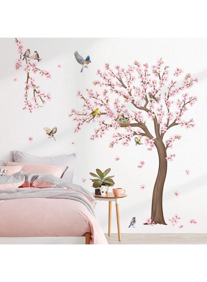 decalmile Large Cherry Blossom Tree Wall Stickers Pink Flower Birds Tree Branch Wall Decals Living Room Girls Bedroom Baby Nursery Wall Decor(H: 59 inches/150 cm) - Image 2