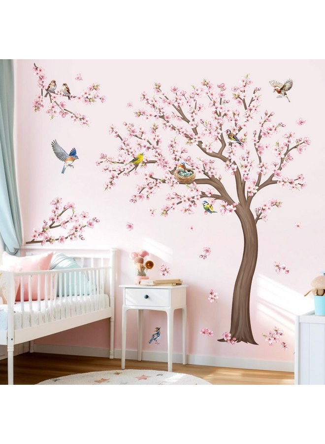 decalmile Large Cherry Blossom Tree Wall Stickers Pink Flower Birds Tree Branch Wall Decals Living Room Girls Bedroom Baby Nursery Wall Decor(H: 59 inches/150 cm) - Image 1