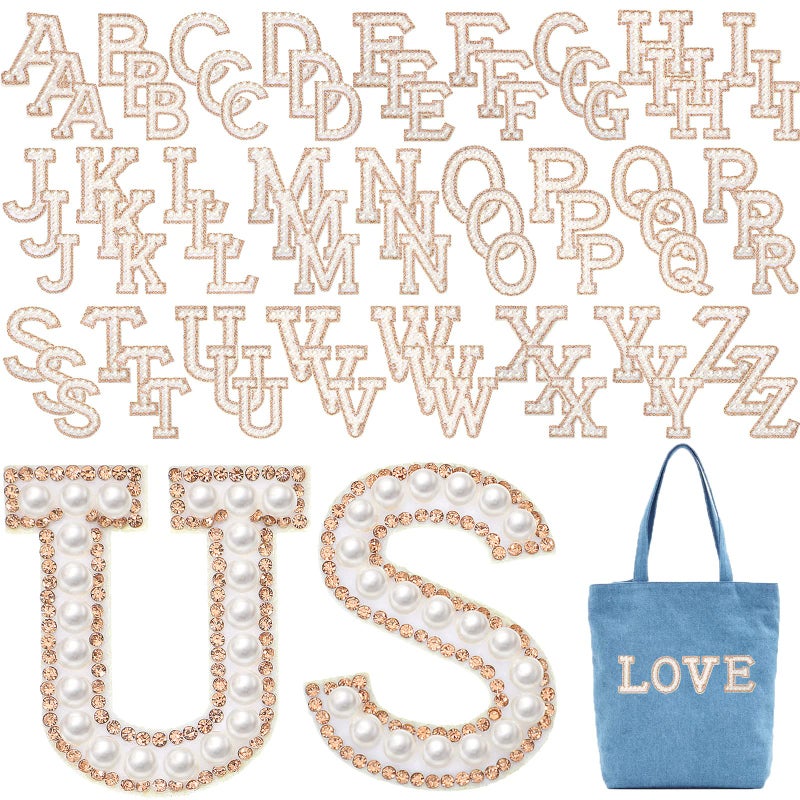 WILLBOND 78 Pcs Pearl Letter Patches Pearl Iron on Letter Patches Rhinestone AZ English Rhinestone Glitter Alphabet Repair Embroidered Sew on AppliquesWhite Gold