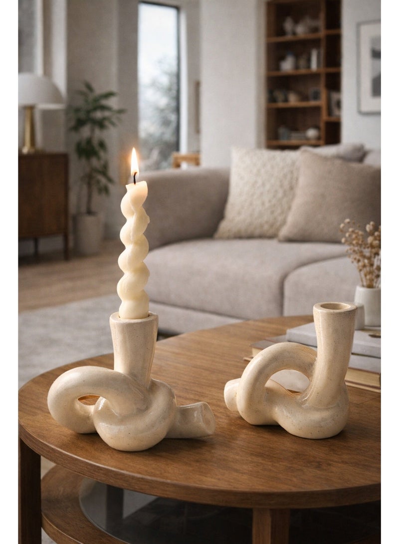 دائرة مربعة مجموعة من 2 حامل شموع عصري من السيراميك بتصميم فريد، حامل شموع أنيق لغرفة المعيشة، رف المدفأة، حامل التلفاز، المطبخ وغرفة الطعام، مناسب للزينة والهدايا في أعياد الميلاد والتخرج - Image 1