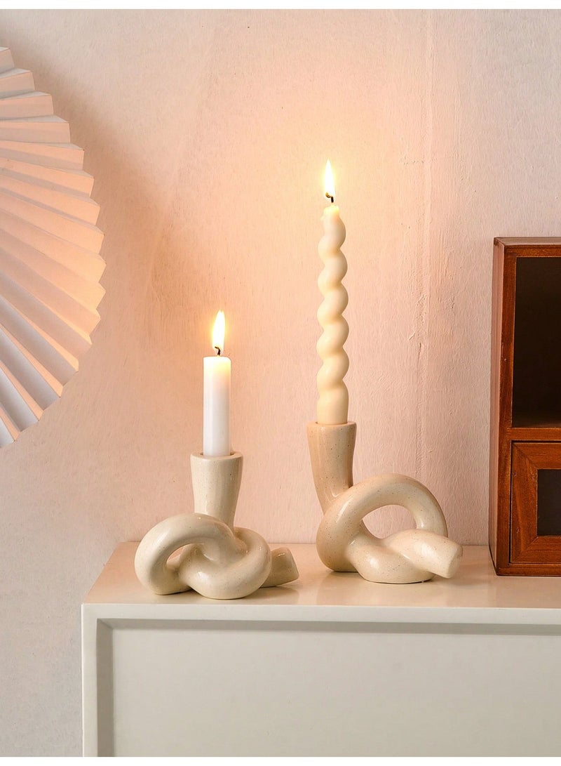 دائرة مربعة مجموعة من 2 حامل شموع عصري من السيراميك بتصميم فريد، حامل شموع أنيق لغرفة المعيشة، رف المدفأة، حامل التلفاز، المطبخ وغرفة الطعام، مناسب للزينة والهدايا في أعياد الميلاد والتخرج - Image 3