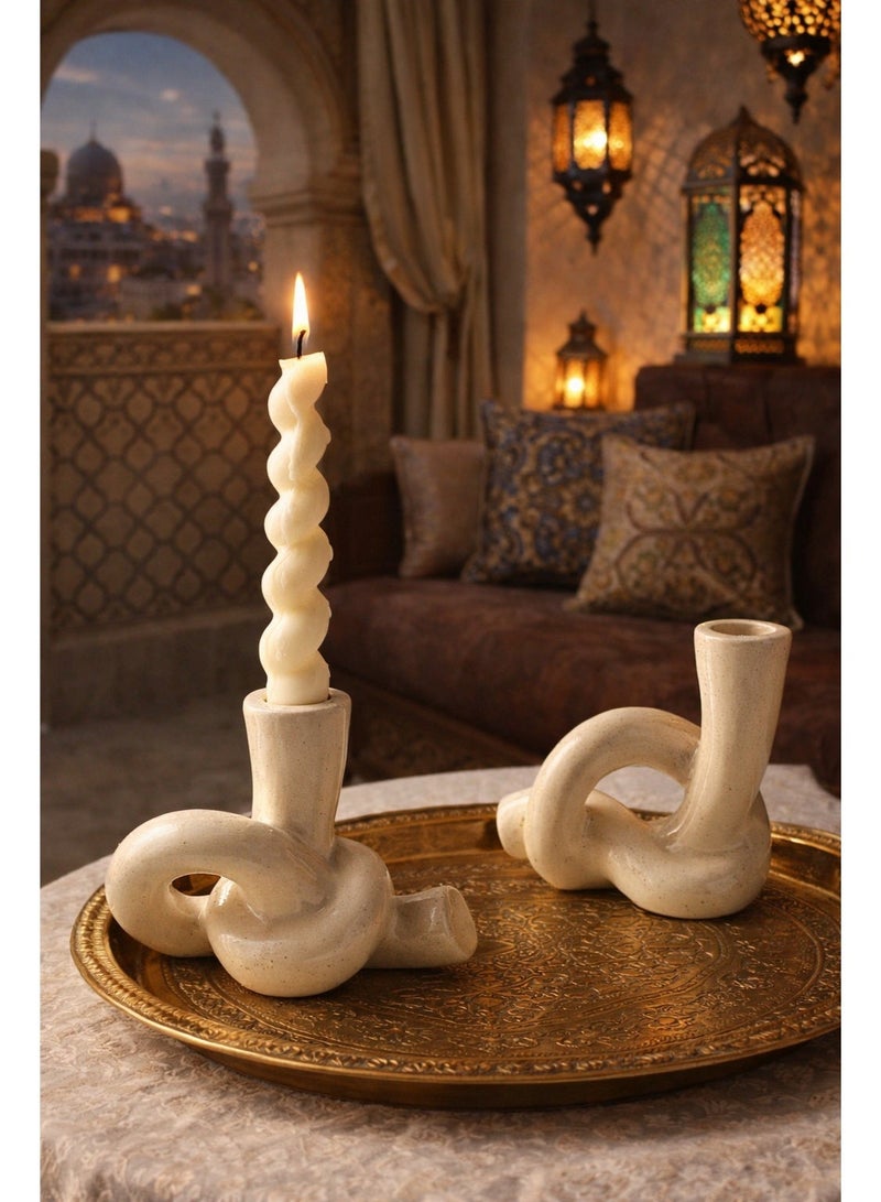 دائرة مربعة مجموعة من 2 حامل شموع عصري من السيراميك بتصميم فريد، حامل شموع أنيق لغرفة المعيشة، رف المدفأة، حامل التلفاز، المطبخ وغرفة الطعام، مناسب للزينة والهدايا في أعياد الميلاد والتخرج - Image 5