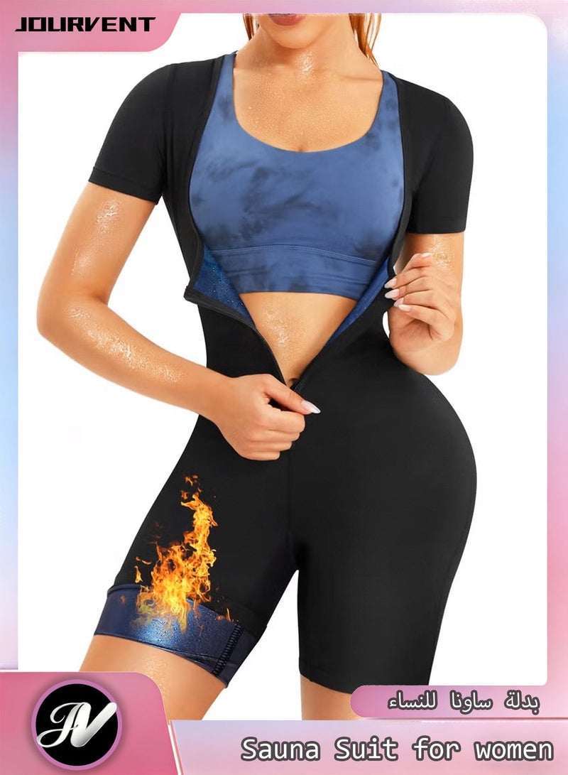 Jourvent Women’s Sauna Suit Set for Weight Loss, Premium High-Quality Breathable Fabric Quick-Dry Sweat-Wicking Compression Outfit, Zipper Long Sleeve Top & High-Waist Shaping Pants with Gloves & Shoe Covers - Image 1