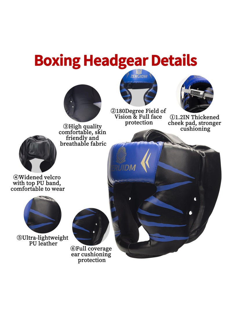 fdsport Boxing Headgear, Leather Boxing Helmet, Head Gear for MMA Kickboxing Karate Taekwondo Muay Thai Sparring & Training, Fighting Sparring Headgear Fits Adults Head Guard, blue - Image 3
