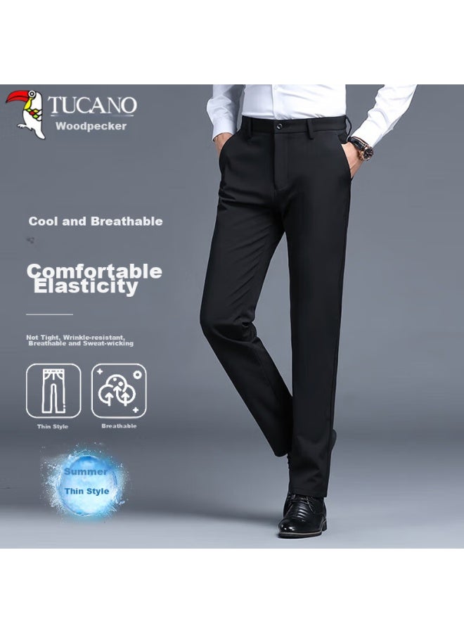 Tucano Casual Pants For Men, Summer Business Casual Fashion Elastic Slim Fit Versatile Ice Silk Trousers, Men's Clothing, Black, Size 38 - Image 1
