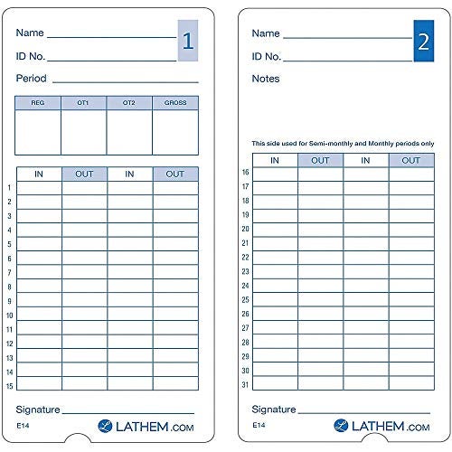 Lathem بطاقة وقت لاتهم E14-100 عبوة من 100 بطاقة، مزدوجة الوجه، للاستخدام مع ساعة توقيت لاتهم موديل 400E، بارتفاع 7 إنش - Image 4