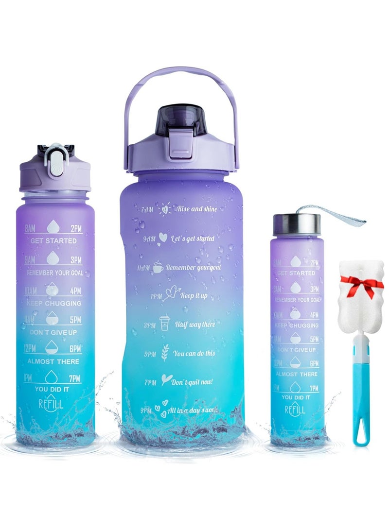 3 Pack Sport Healthy Water Bottle 2L+900ml+500ml Motivational Time Marker,Straw,Phone Holder, Plastic, Adults Kids Fitness Office Gym Home Outdoor School Exercise Protein shake Leak Proof (Blue) - Image 1