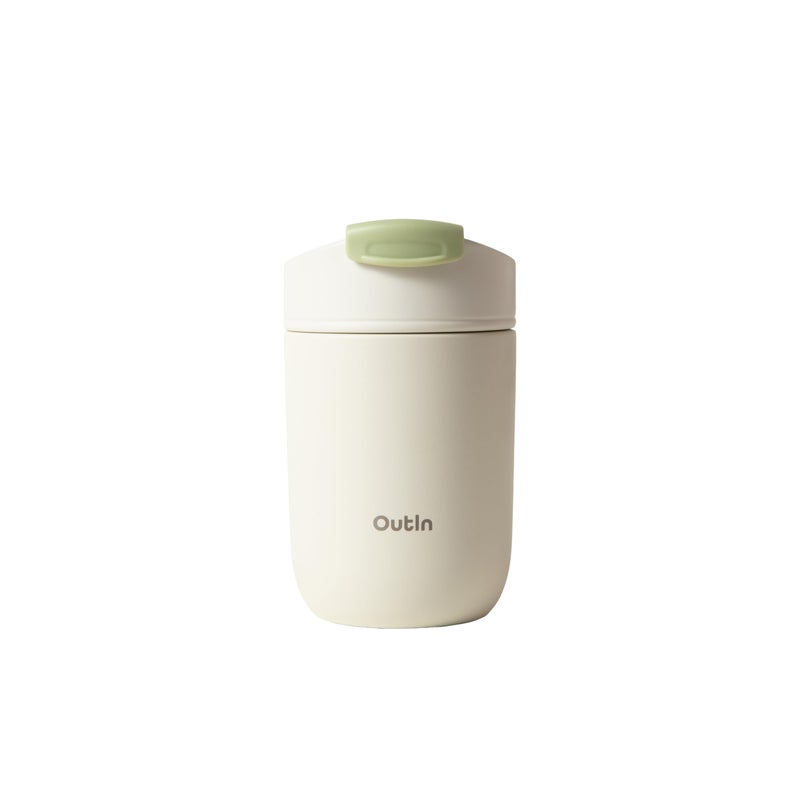 Outin كوب السفر OutIn، كوب قهوة معزول خارجي بغطاء قابل للفتح بدون تسرب، سعة 12 أونصة من الفولاذ المقاوم للصدأ للمشروبات الساخنة والباردة باللون الأبيض الرملي - Image 1