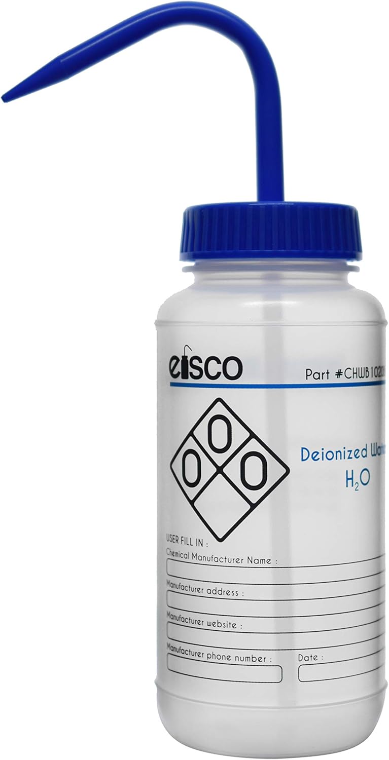 EISCO Wash Bottle for Deionized Water, 500ml - Labeled with Color Coded Chemical & Safety Information (2 Color) - Wide Mouth, Self Venting, Polypropylene - Performance Plastics Labs - Image 1