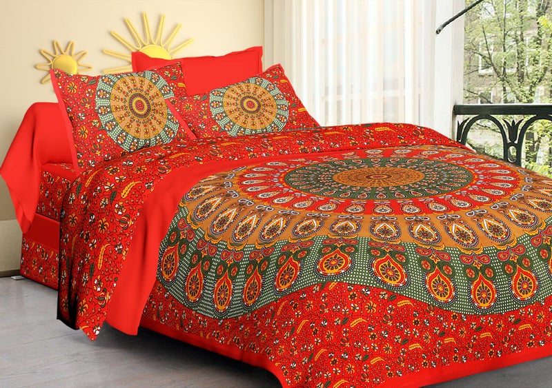 Monique 100% Pure Cotton Rajasthani Jaipuri Traditional Queen Size Double Bed Bedsheet Size 215 cm x 245 cm Pillow Size 43 cm x 63 cm TC 144 with 2 King Size Pillow Covers (MIRCHI-RD) - Image 5