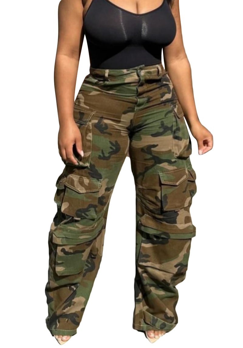 LKOUS Womenâ€™s Cargo Baggy Straight Jeans Streetwear Y2K High Waist Wide Leg Denim Pants with Multiple Pockets Camo - Image 1