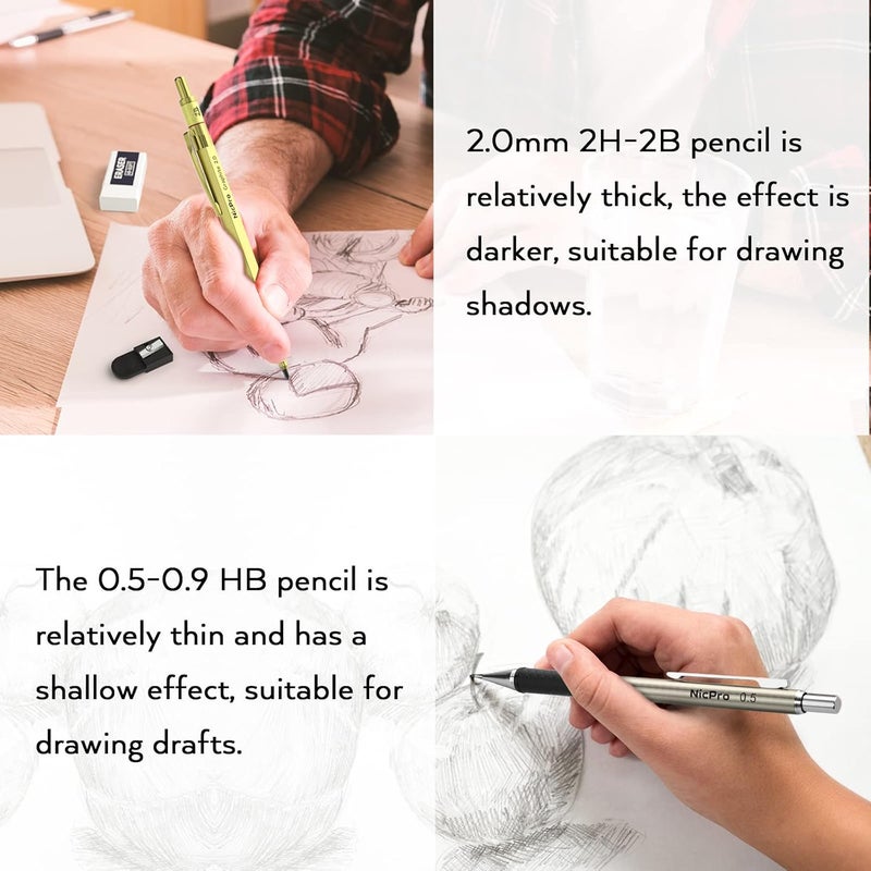 Nicpro مجموعة أقلام ميكانيكية ذهبية، قلم رسم معدني 0.5، 0.7، 0.9 مم وحامل قلم 2 مم (2B HB 2H) للرسم والتخطيط مع علبة إعادة تعبئة الرصاص - Image 5