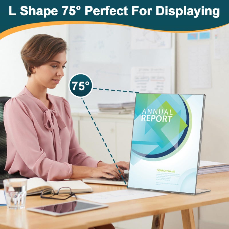 HRSDEIE 14 Pack Acrylic Sign Holder 8.5x11 Inches, Clear Tabletop Plastic Paper Display Stand, L-Shape Vertical Menu Holder Stand, Photo Picture Frame Flyer Display Stand for Restaurants, Store,Office Desktop - Image 4