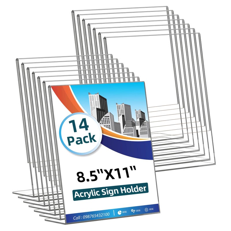 HRSDEIE 14 Pack Acrylic Sign Holder 8.5x11 Inches, Clear Tabletop Plastic Paper Display Stand, L-Shape Vertical Menu Holder Stand, Photo Picture Frame Flyer Display Stand for Restaurants, Store,Office Desktop - Image 1