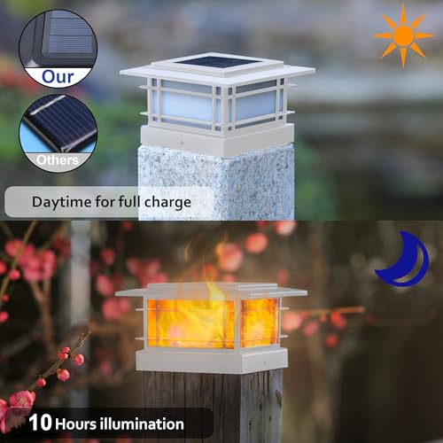 Dynaming 8 Pack Solar Post Cap Lights Outdoor with Flickering Flame Light, White Shell Fence Post Solar Lights Fit 4x4 5x5 Vinyl/Wooden Posts, Brightness LED Lighting Decor for Garden Deck Patio - Image 2
