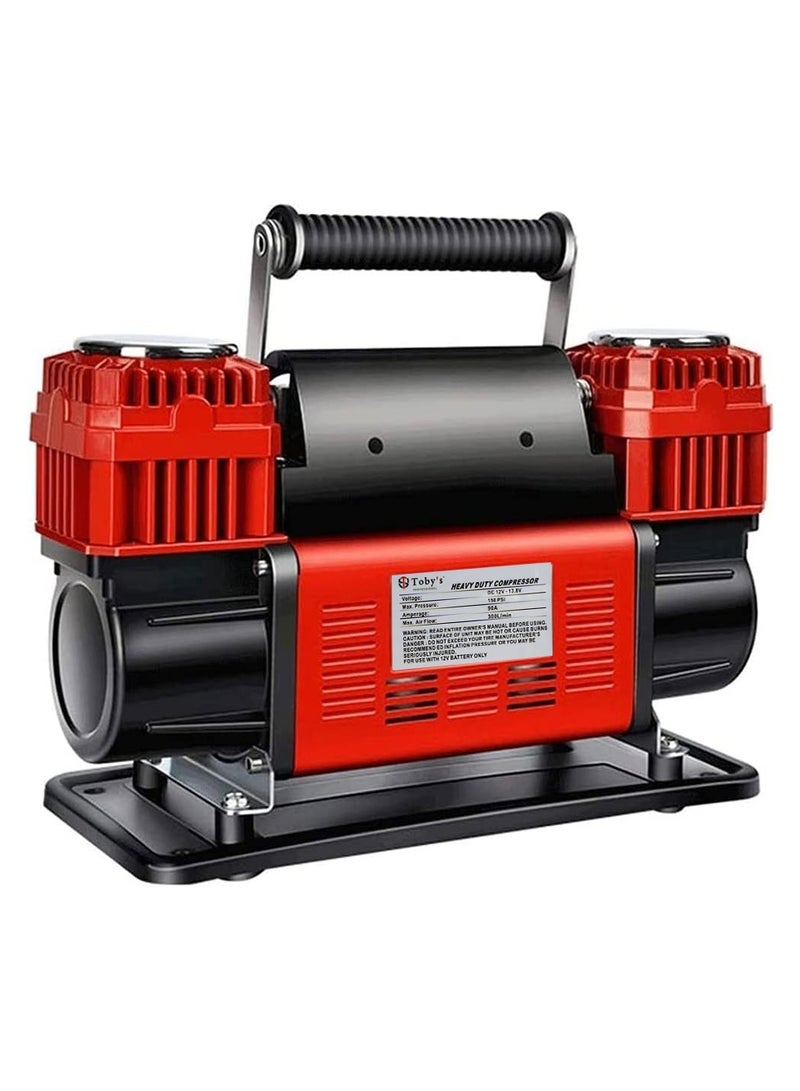 Toby's Dual Cylinder Car Air Compressor Ultra Extreme 4x4 Tire Super Air Flow Portable 300 Litter-Mints 150 PSI 12V Tire Inflator for Car,Truck, Bicycle & Other Inflatables With Carry Bag Color RED - Image 1