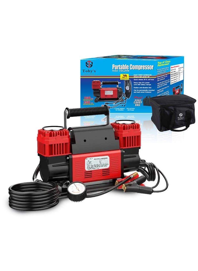 Toby's Dual Cylinder Car Air Compressor Ultra Extreme 4x4 Tire Super Air Flow Portable 300 Litter-Mints 150 PSI 12V Tire Inflator for Car,Truck, Bicycle & Other Inflatables With Carry Bag Color RED - Image 3