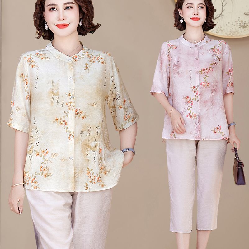 Summer Mom Fashion Pants Set Women'S Guofeng Printed Shirt Middle-Aged And Elderly Loose All-Match Middle-Sleeve Small Shirt Two-Piece Set - Image 2