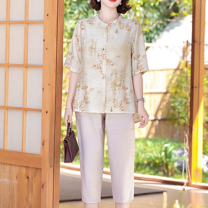 Summer Mom Fashion Pants Set Women'S Guofeng Printed Shirt Middle-Aged And Elderly Loose All-Match Middle-Sleeve Small Shirt Two-Piece Set - Image 1