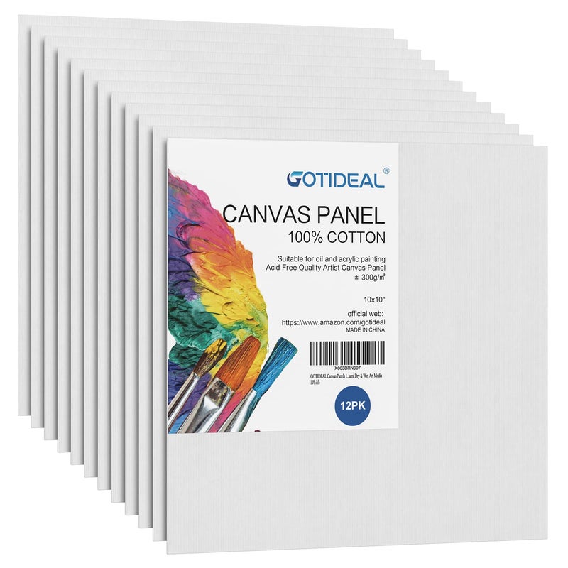 GOTIDEAL Canvases for Painting 10x10 inch of 12 Pack Professional Primed White Blank Flat Canvas Panels 100 Cotton Artist Canvas Boards for Acrylics Painting Oil Watercolor Tempera