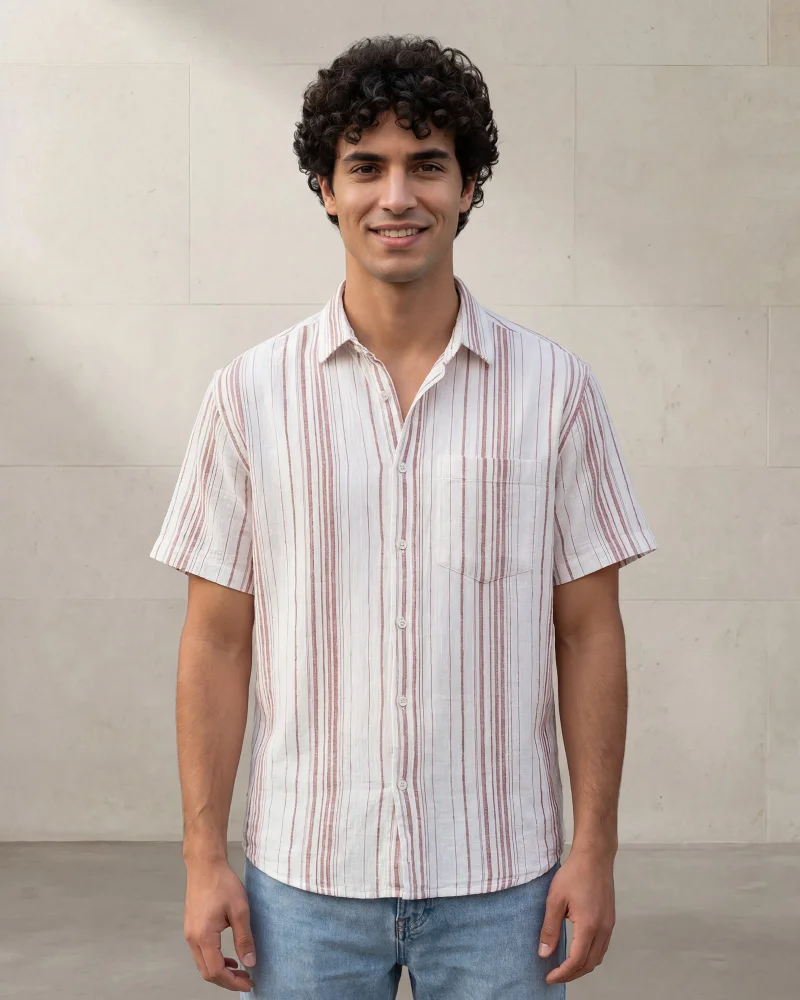 Redtag Men White and Red And Striped Short Sleeve Dobby Shirt