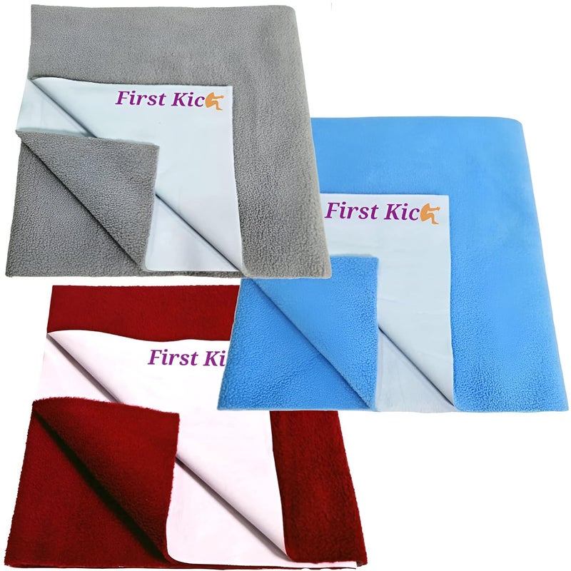 First Kick Waterproof Baby Bed ProtectorMattress Cotton Dry Sheet 70cm X 50 cm for Born BabyKids MaroonFeroziGrey Small Pack of 3 - Image 1