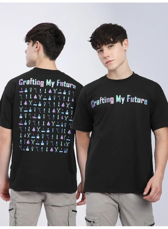 بيونغ تيشيرت أسود بطباعة حروف مقاس كبير