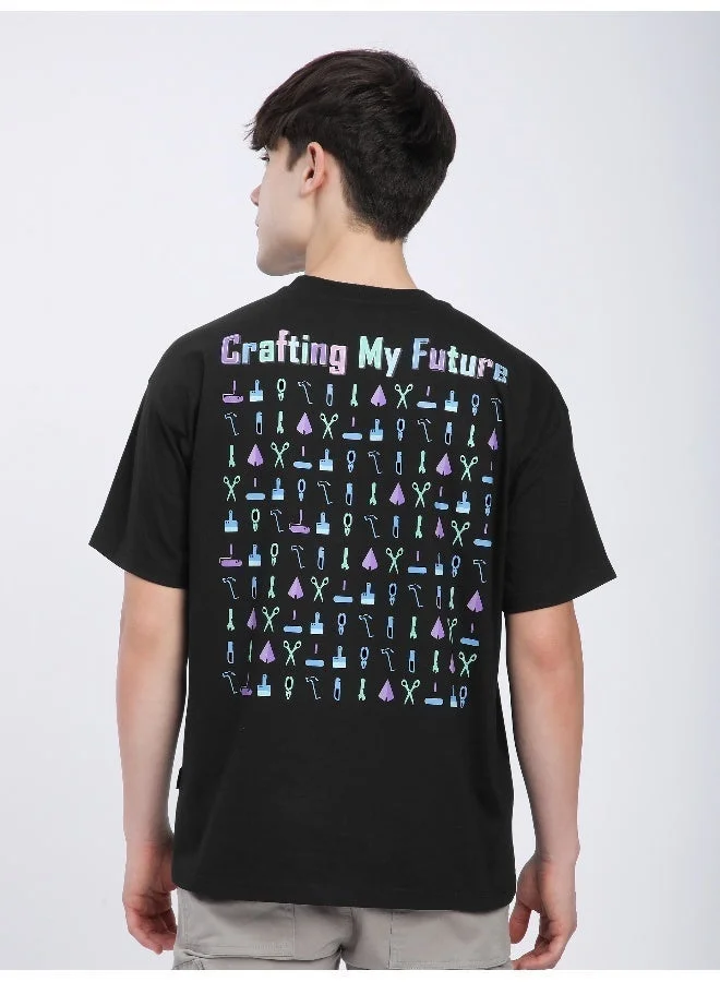 بيونغ تيشيرت أسود بطباعة حروف مقاس كبير