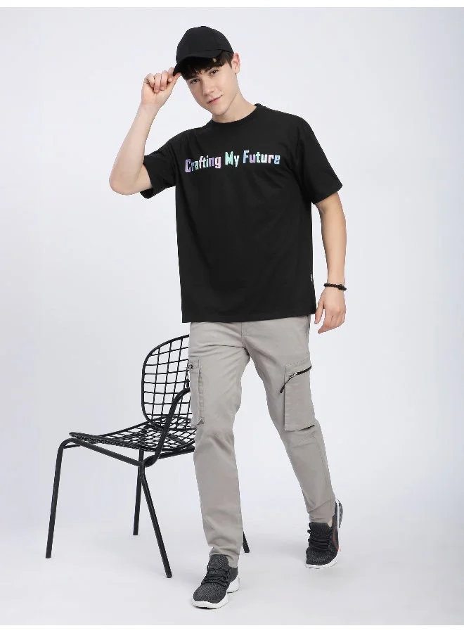 Beyoung Black Typography Printed Oversized T-Shirt