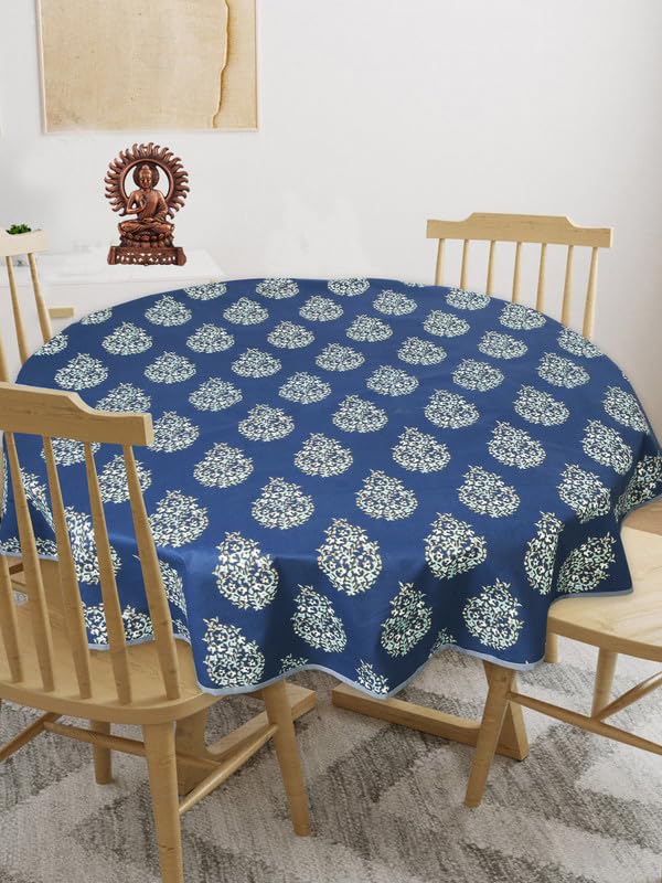 Texstylers Cotton Round Pack of 1 Navy Blue Floral 4 Seater Dining Table Cloth Cover