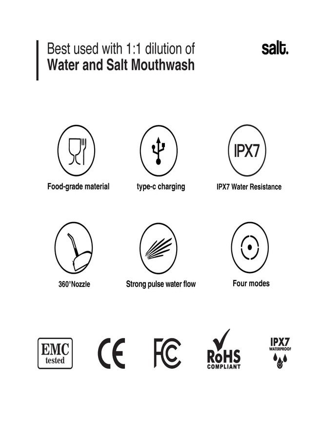 Salt. Oral Care Wave Portable Water Flosser | 2 Years Warranty | Wireless Flosser with 3 Modes & 360° Nozzle | 230ml Tank, IPX7 Waterproof, 800mAh Battery | Deep Cleaning for Teeth & Gums - Image 5