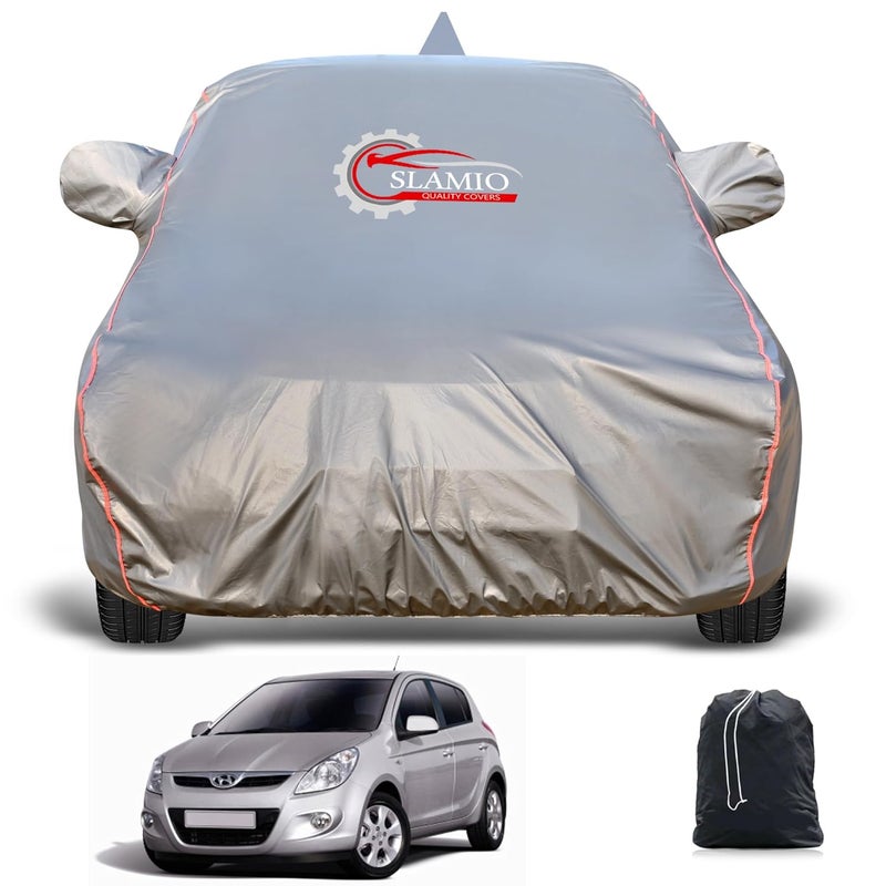 Slamio Heavy-Duty Car Body Cover for Hyundai's i20 (2008-2013) | Waterproof, Dustproof, UV Protection, Custom Fit, Heavy Belt & Buckle with Mirror & Antenna Pocket | Dark Grey - Image 1