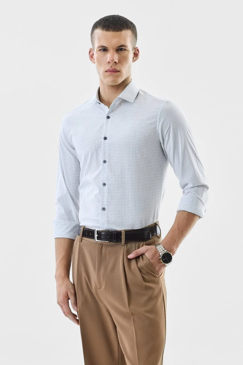 سنيتش White Checkered Long Sleeve Slim Fit Luxe Shirt