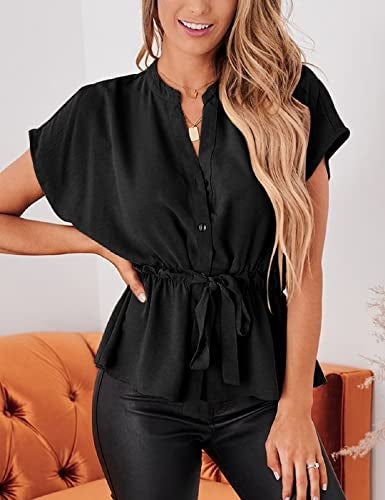 CiCiBird Womens Button Down Blouses Casual Peplum Summer Tops Dressy Chiffon Work Blouse Black - Image 3