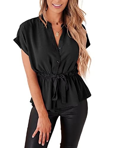 CiCiBird Womens Button Down Blouses Casual Peplum Summer Tops Dressy Chiffon Work Blouse Black - Image 5