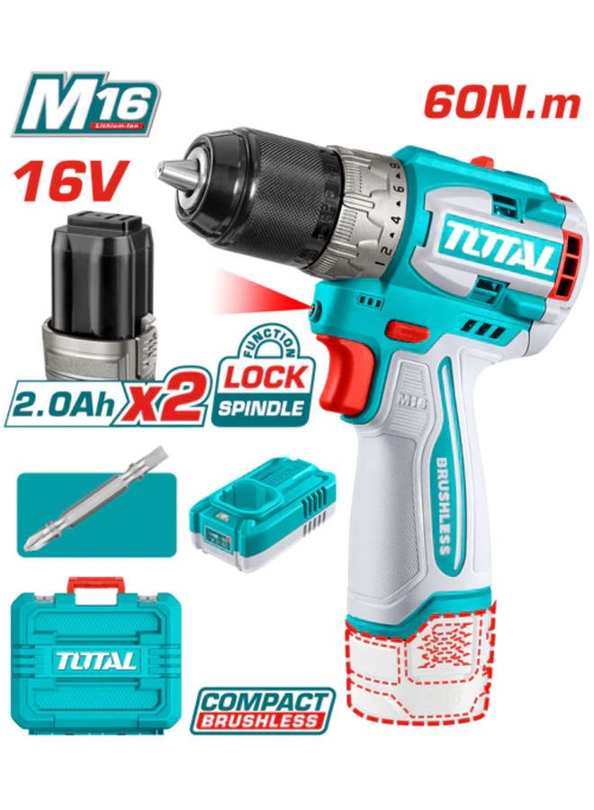 TOTAL Compact brushless cordless drill 60Nm with 2 Pcs 16V batteries + charger - TDLI16682